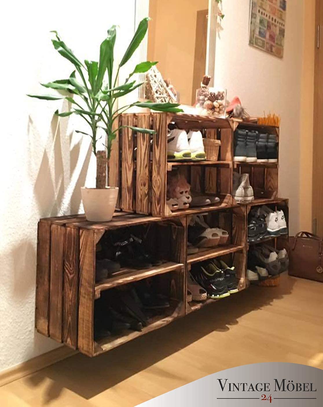 Vintage-Möbel24 3er Set Obstkisten mit Zwischenbrett – geflammt – Holzkisten als Schuhregal 50x30x40cm