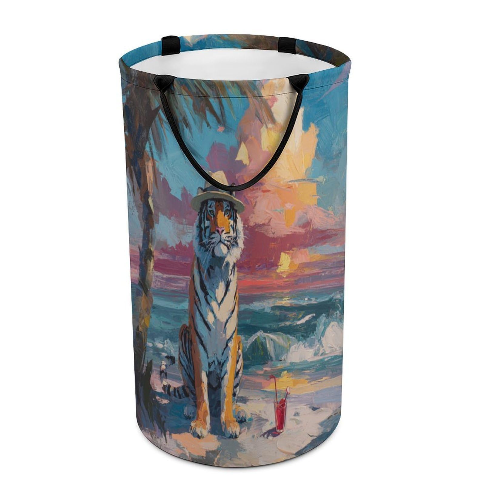 LUYYSKY Classic Fantasy Animal Tiger Collapsible Dirty Clothes Basket, Beautiful Abstract Sunset Beach Tropical Plant Palm Tree Portable Clothes Storage Laundry Basket-40 CM Dia, 69 CM High