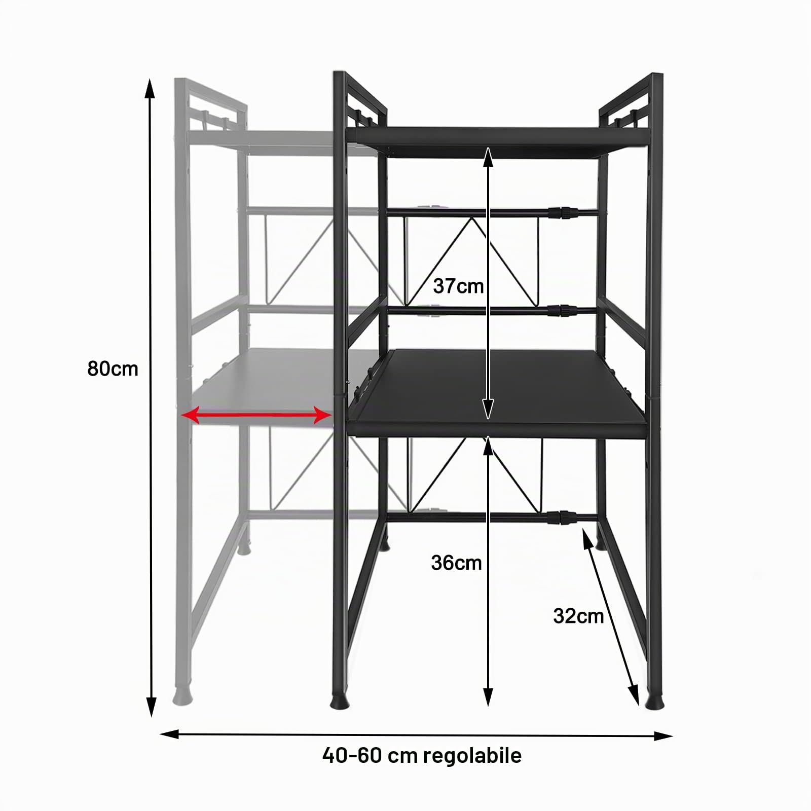 UISEBRT Mensola Microonde Estensibile con 8 Ganci, 3 Livelli Supporto Allungabile per microonde, Scaffale da Cucina Organizzatore, Nero