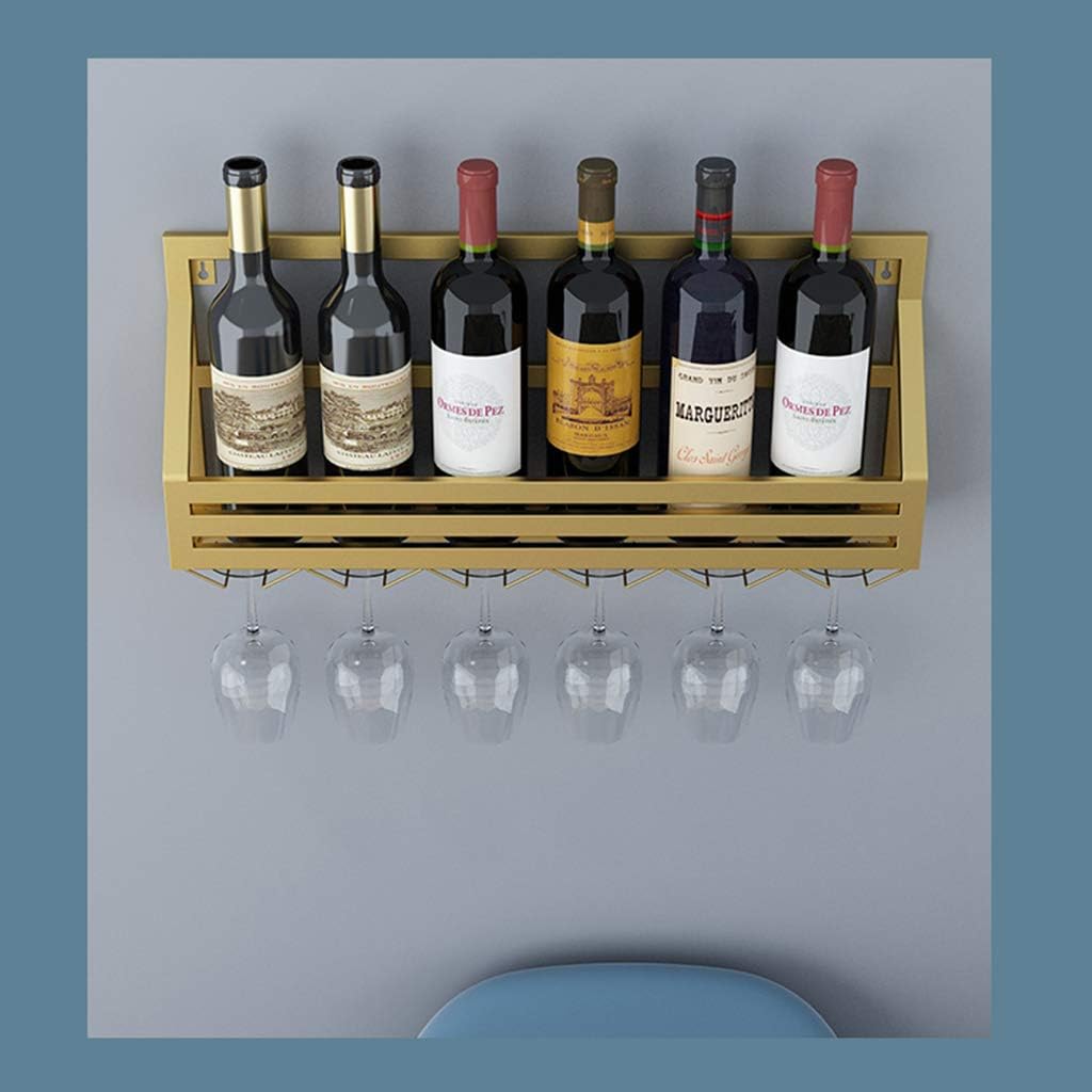 Hanging Wine Rack Wall Mounted Wine Rack, Metal Wine Bottle & Glass Holder, Holds 6 Bottles, 6 Glasses, Wine Shelf for Bar/Kitchen/Cabinets Wine Bottle Holder/Gold