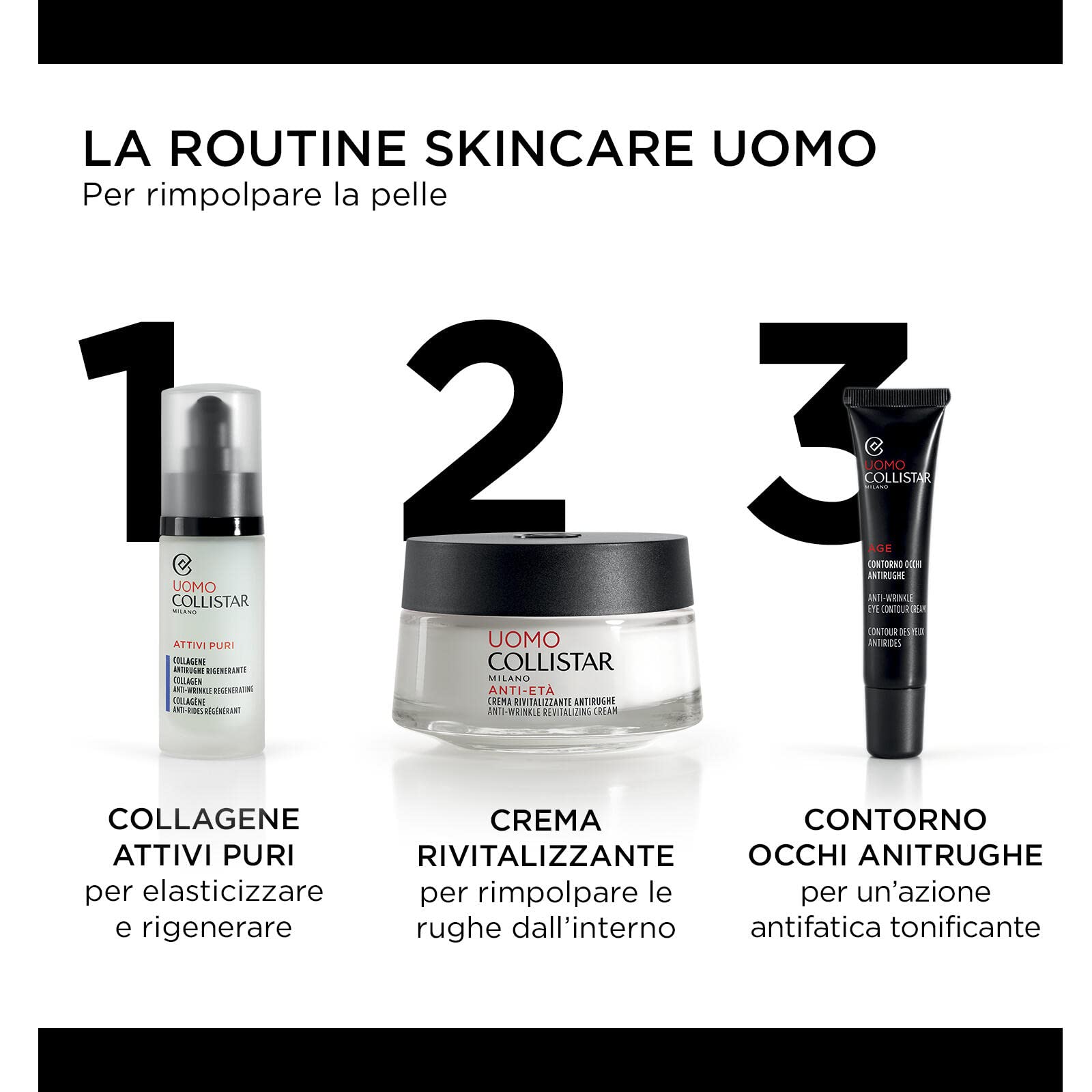 Collistar Linea Uomo Crema Antirughe Rivitalizzante, Previene le Rughe e Rimpolpa Quelle Esistenti dall'interno, 50 ml & Attivi Puri Uomo Siero Acido Ialuronico Idratante Liftante, 30 ml
