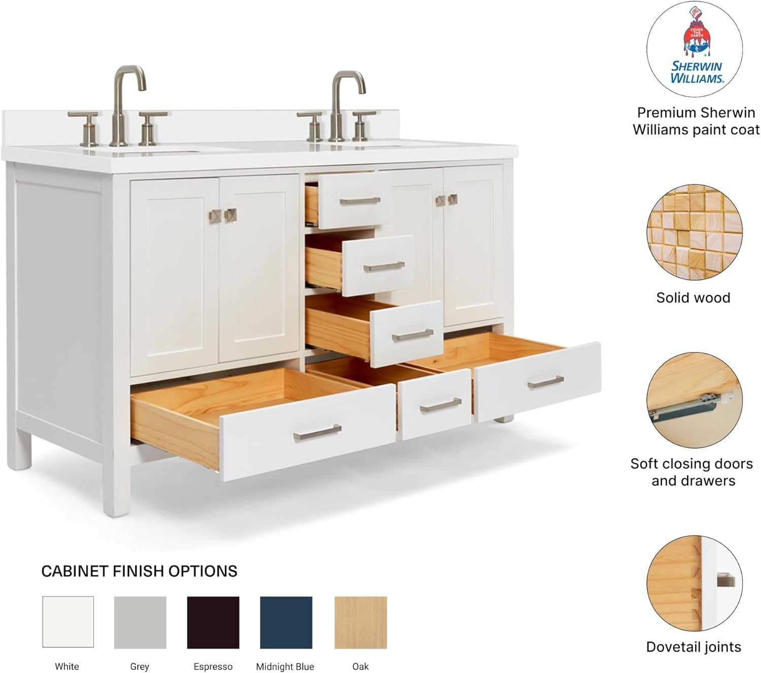 DKB Beckford 60" White Double Bathroom Vanity with Sink, 1.5" Pure White Quartz Countertop, Rectangular Undermount Sinks, 4 Soft Closing Doors, 6 Full Extension Dovetail Drawers