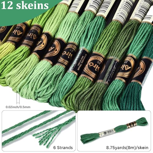 Image of 105 Yards 12 Skeins Gradient 6 Strands Dark Green Variegated Embroidery Floss Thread Cross Stitch Friendship Bracelet Polyester String Threads Assorted Bulk Set for Hand Sewing Making Supply