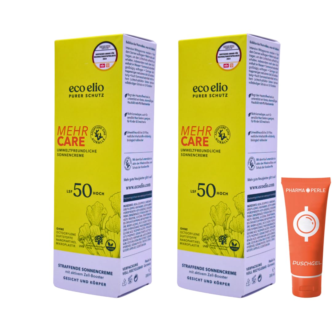 eco elio Mehr Care LSF 50, 2x 200 ml I Sonnencreme mit Niacinamid & Blue-Light-Schutz I Straffend, schnell einziehend & vegan I Für Gesicht & Körper I Spar-Set plus Pharma Perle give-away