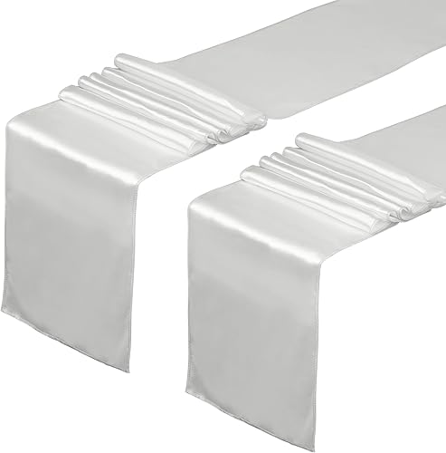Paquete de 2 caminos de mesa de satén de 12 x 108 pulgadas de largo, camino de mesa de satén plateado para decoración de fiestas, bodas, banquetes,