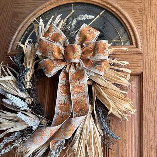 Fall-Pumpkins-Wreath-Bow-10-Wide-18-Long-Tails-Fall-Decor-Orange-Beige-Sparkly-Halloween-Thanksgiving-Swag-Garland-Farmhouse-Country-Decor-Front-Door-Decor Fall Pumpkins Wreath Bow 10 Wide 18 Long Tails Fall Decor Orange Beige Sparkly Halloween Thanksgiving Swag Garland Farmhouse Country Decor Front Door Decor