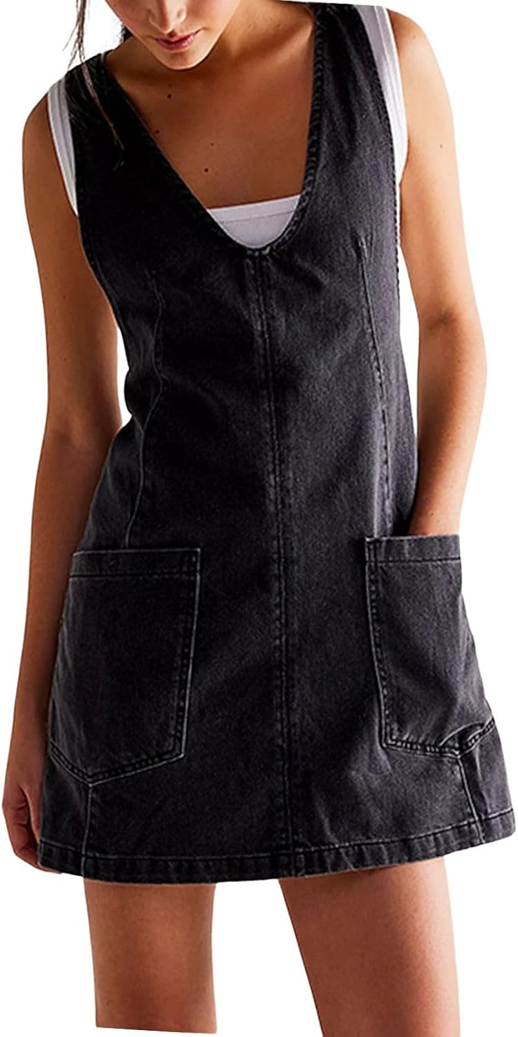 ebossy Women's Vintage Denim Dress Loose V Neck Sleeveless A-line Jean Overall Mini Dress with Pockets