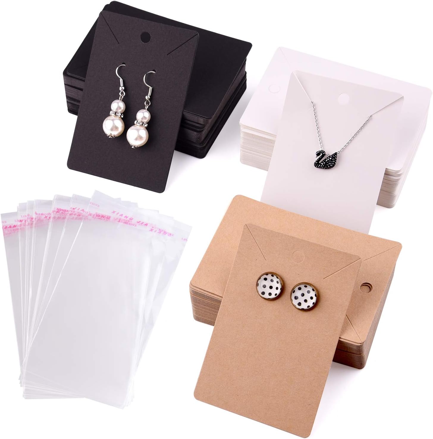 TUPARKA Earring Display Card 120 PCS Earring Card Holder Blank Kraft Paper Tags with Self-Seal Bags for DIY Ear Studs and Earrings in Black, Brown, and White (6x9CM)