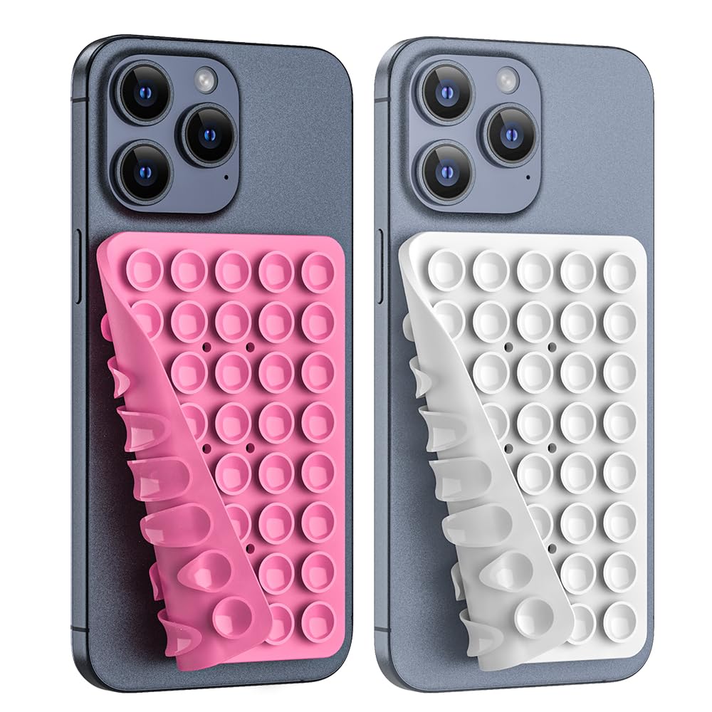 Double Sided Silicone Suction Phone Holder Mount, Silicon Accessory for iPhone and Android, Hands-Free Mirror Shower Phone Holder, TikTok Videos and Selfies (Pink+White)