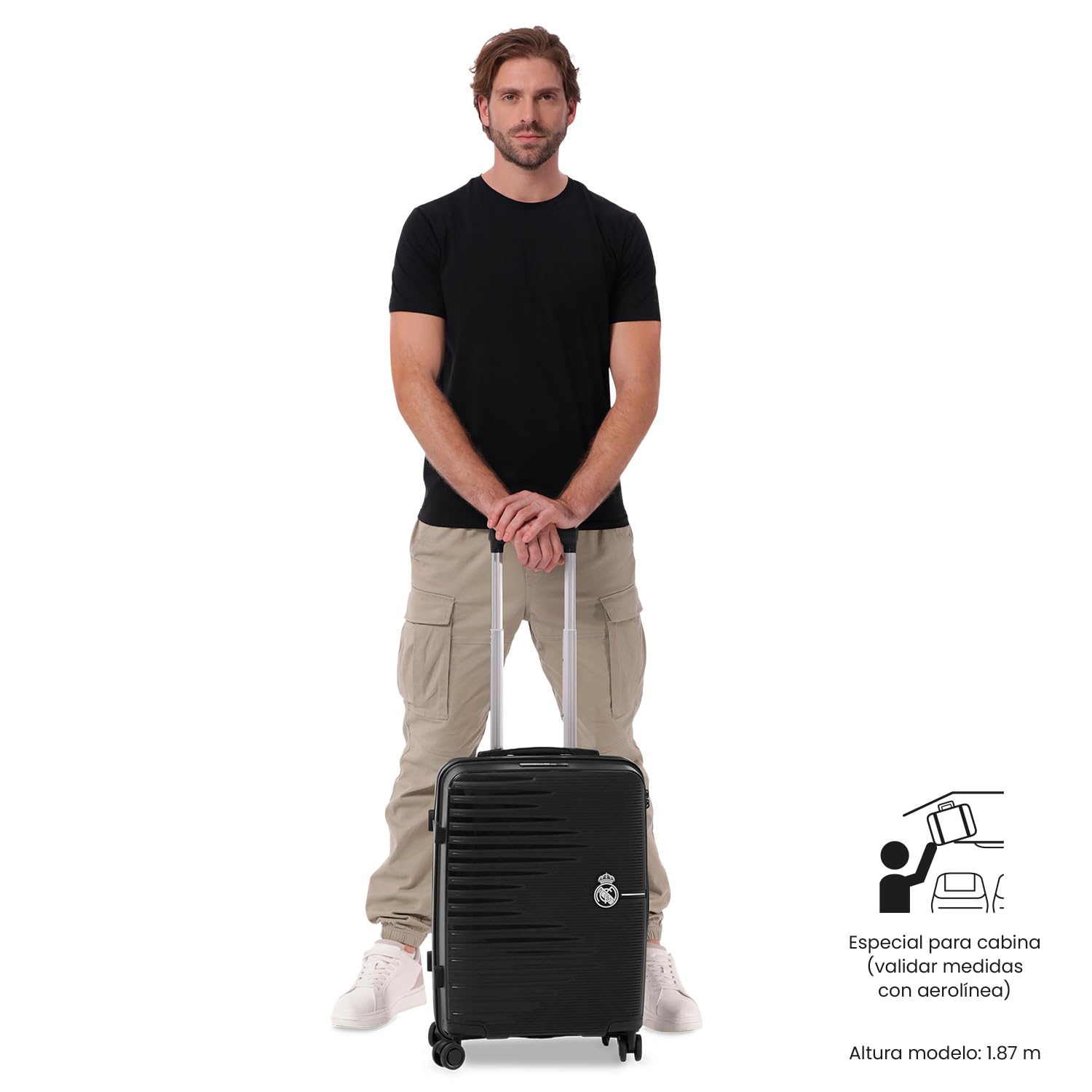 TOTTO - Maleta Cabina Real Madrid, 35.5 x 47 x 21.5 cm, Capacidad 35L, Maleta de Viaje rígida Resistente a Impactos, Ruedas 360º, Manija Telescópica, Correas Internas, Candado 3 Dígitos, Color Negro