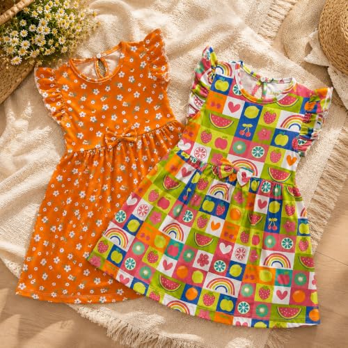 Image of Girls Ruffle Sleeve Floral Print Frock, Fit & Flare Knee-Length, 100% Cotton Kids Casual Dress [2 to 8 Years]