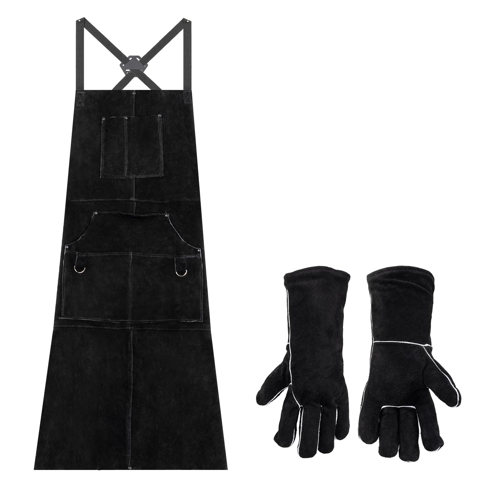 eletecpro Leather Welding Apron & Welding Gloves Heavy Duty Durable - Length 42 Inch 6 Pockets Cowhide Heat Resistant Black