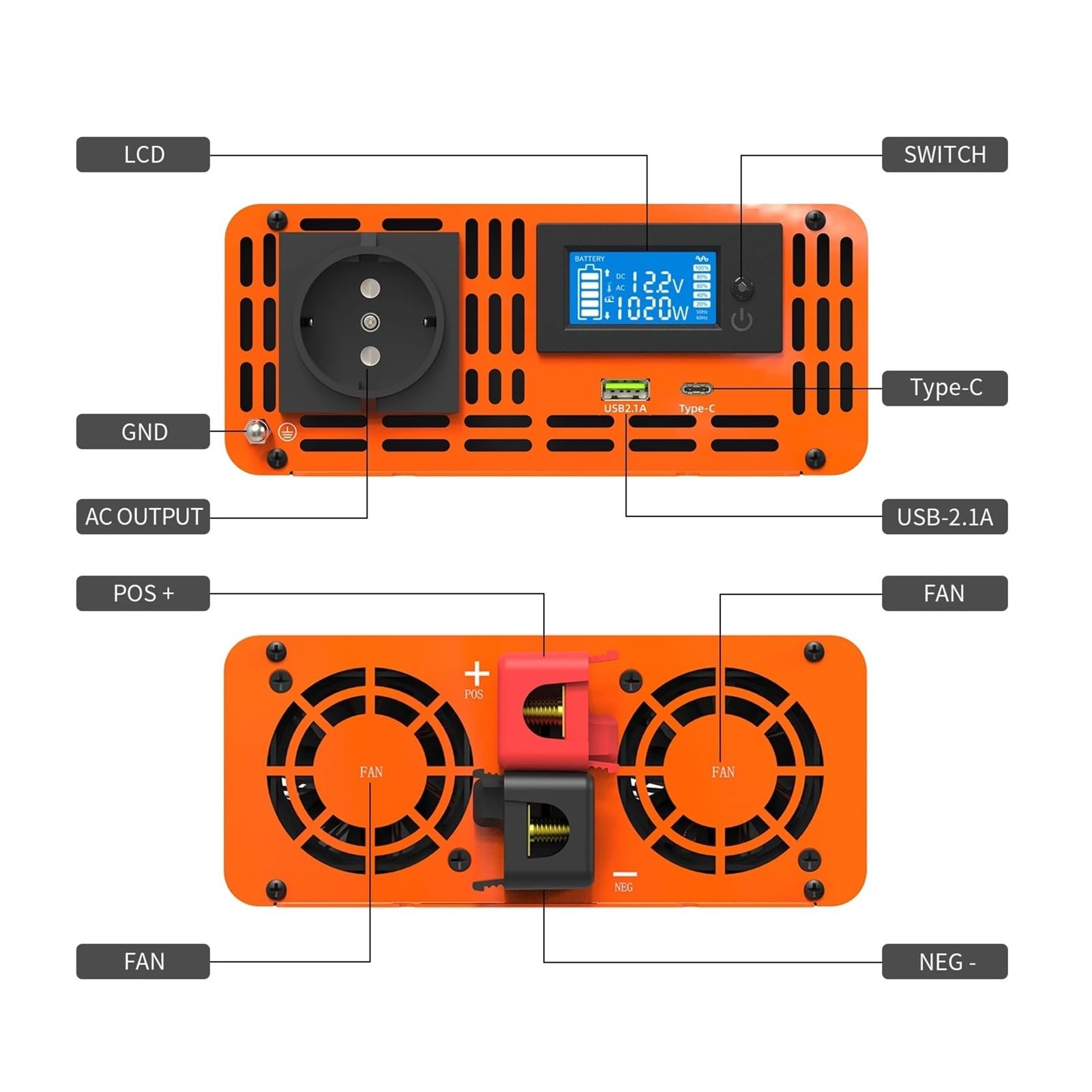 Convertidor PSW-1000W Inversor De Onda Sinusoidal Pura 2000W CC 12 V A CA 220 V Inversor De Potencia Potencia Continua 2000W Inversor Solar Coche Inversor(DC24V to AC220V 50Hz)