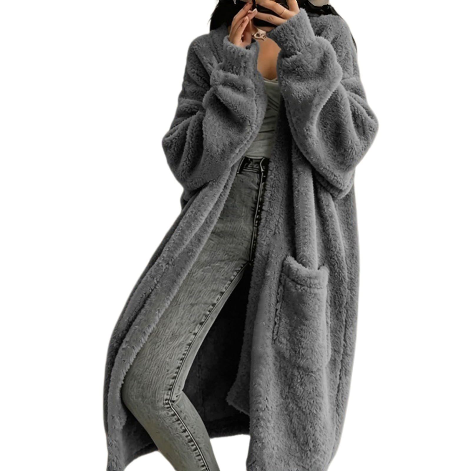 Damen Teddyfell Cardigan Mantel, Lang, Offene Front