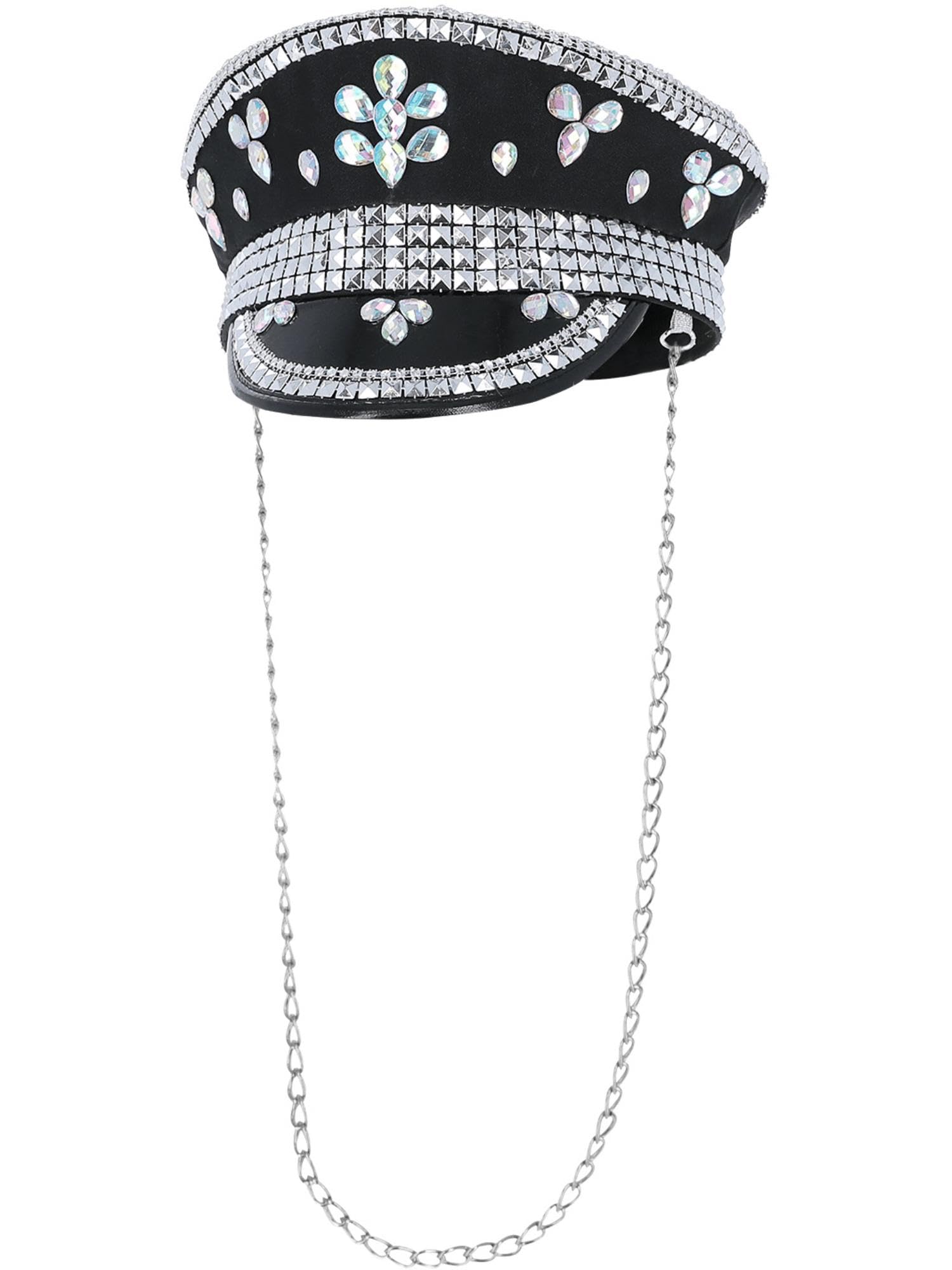 Smiffys Fever Deluxe Sequin Studded Captains Hat, Black with Chain, Fever Accessories Fancy Dress, Adult Dress Up Hats Halloween