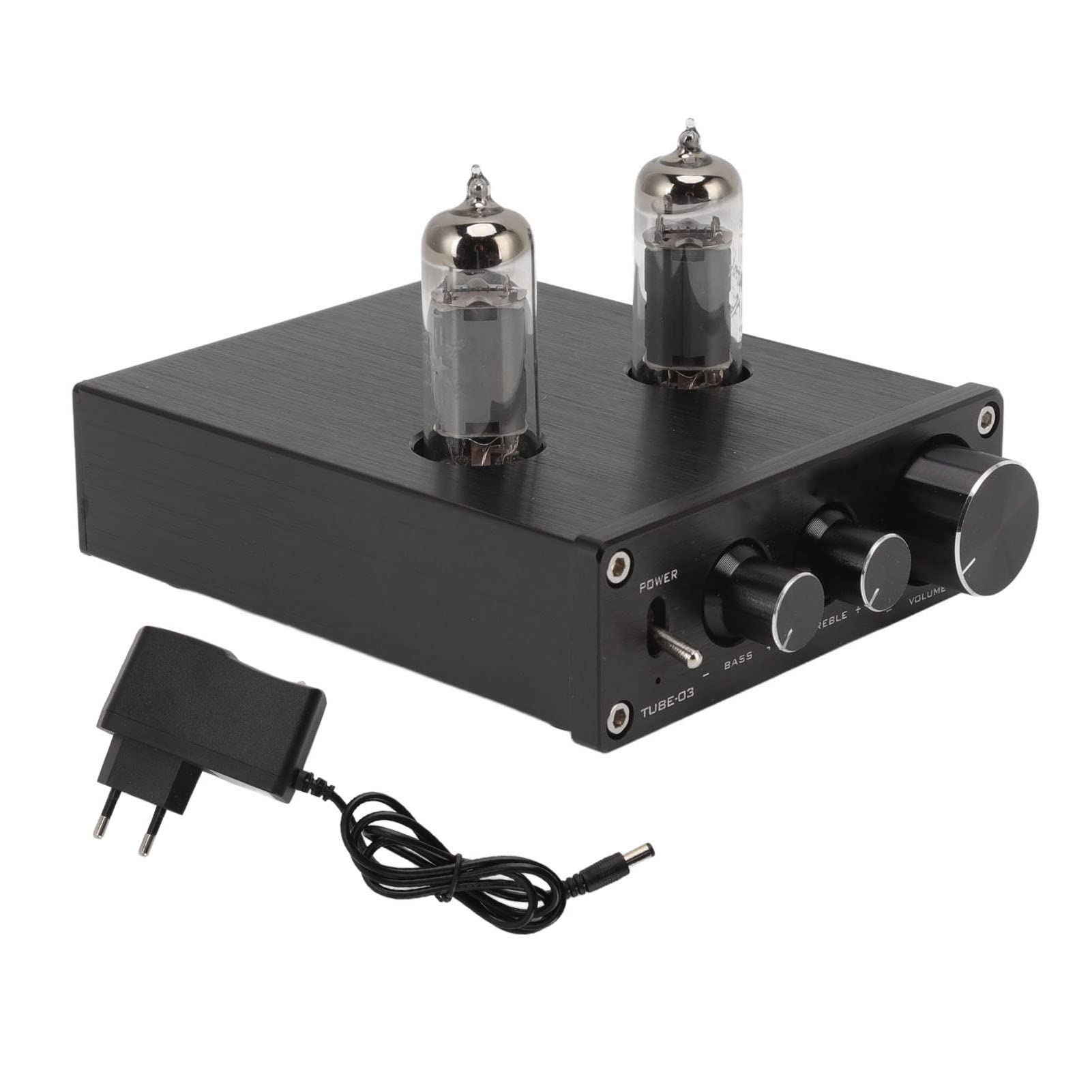 Rengue Receptor Estéreo Preamplificador Amplificador de Audio 12V 1A Negro con Perilla de Control de Agudos y Graves para Altavoces de Cine en Casa TV PC (Enchufe de la UE)