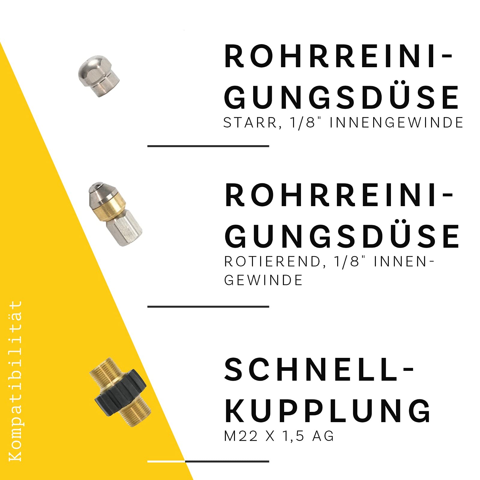 Rohrreinigungsschlauch (7-Teilig) PROFESSIONAL für Kärcher Kränzle NILFISK ALTO WAP HD HDS Anschluss 1/8" AG : M22 x 1,5 IG & Bajonett-Adapter & Adapter KEW & 2x Düsen & Quick Connect (30 Meter)