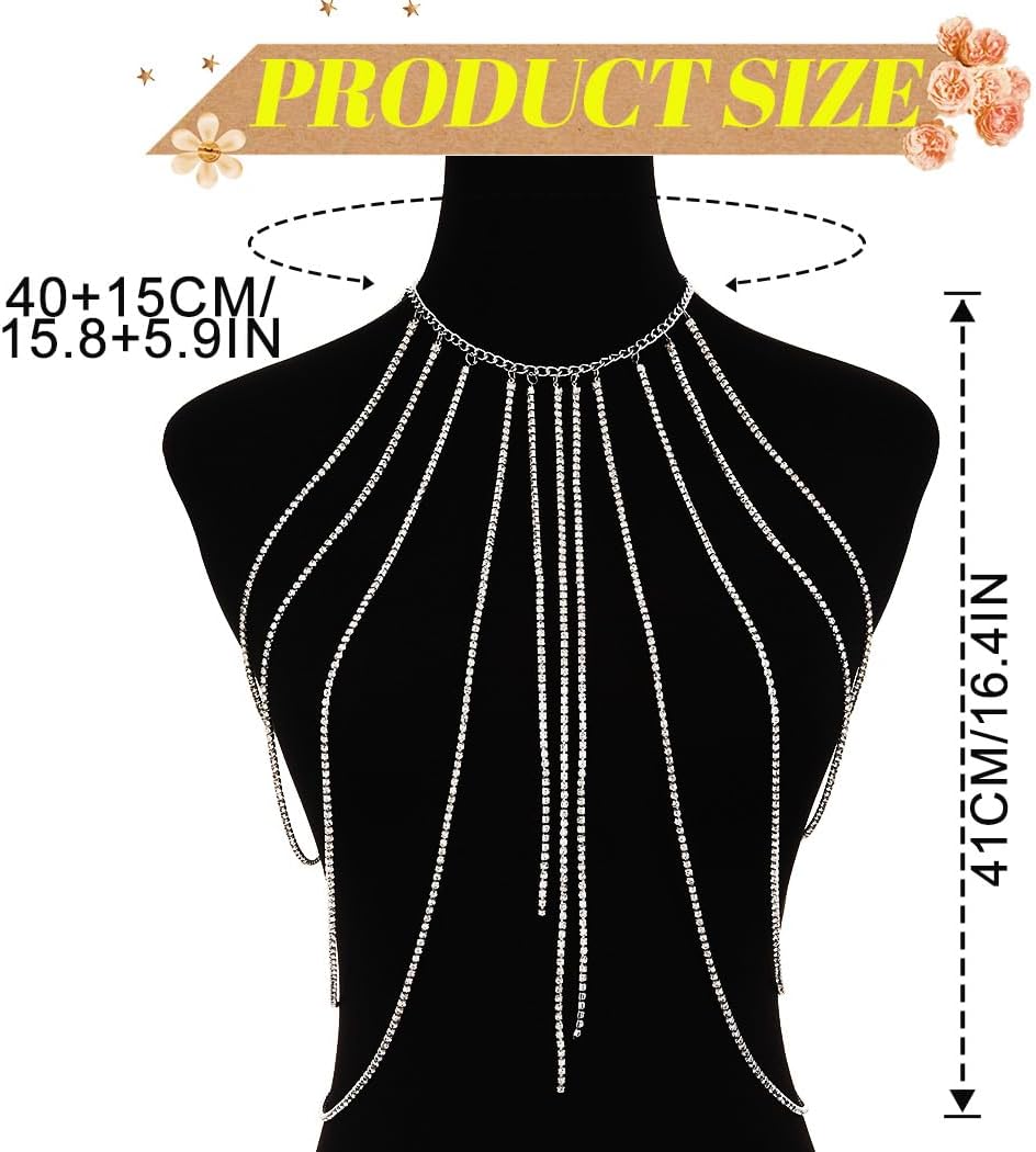 REETAN Silver Rhinestone Chest Chain Bra Fashion Sparkly Body Jewelry for Women - Image 2