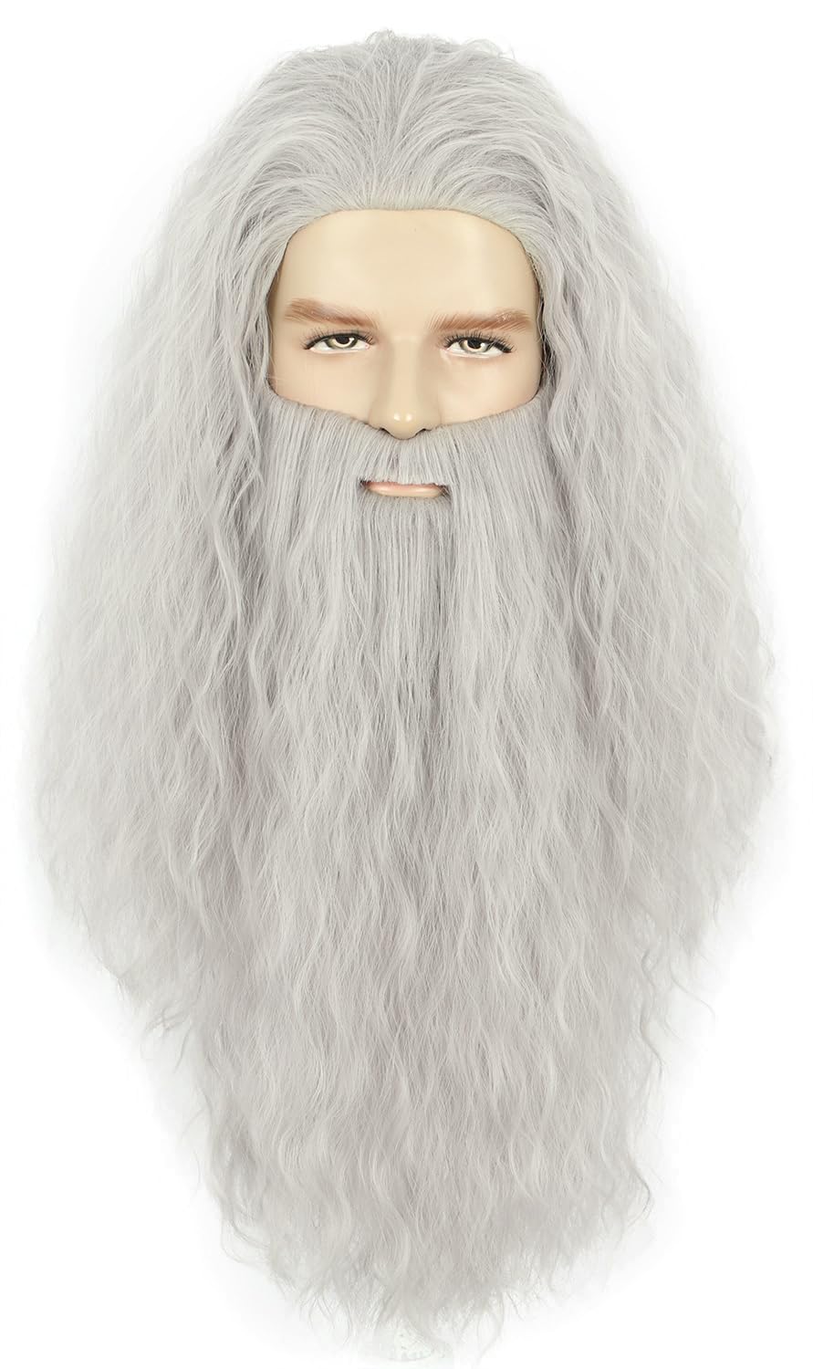 yuehong Adult Long Grey Curly Mens Wig Big Beard Wizard Wig Anime Cosplay Heat Resistant Synthetic Fibers Soft Durable Breathable Costume Hair