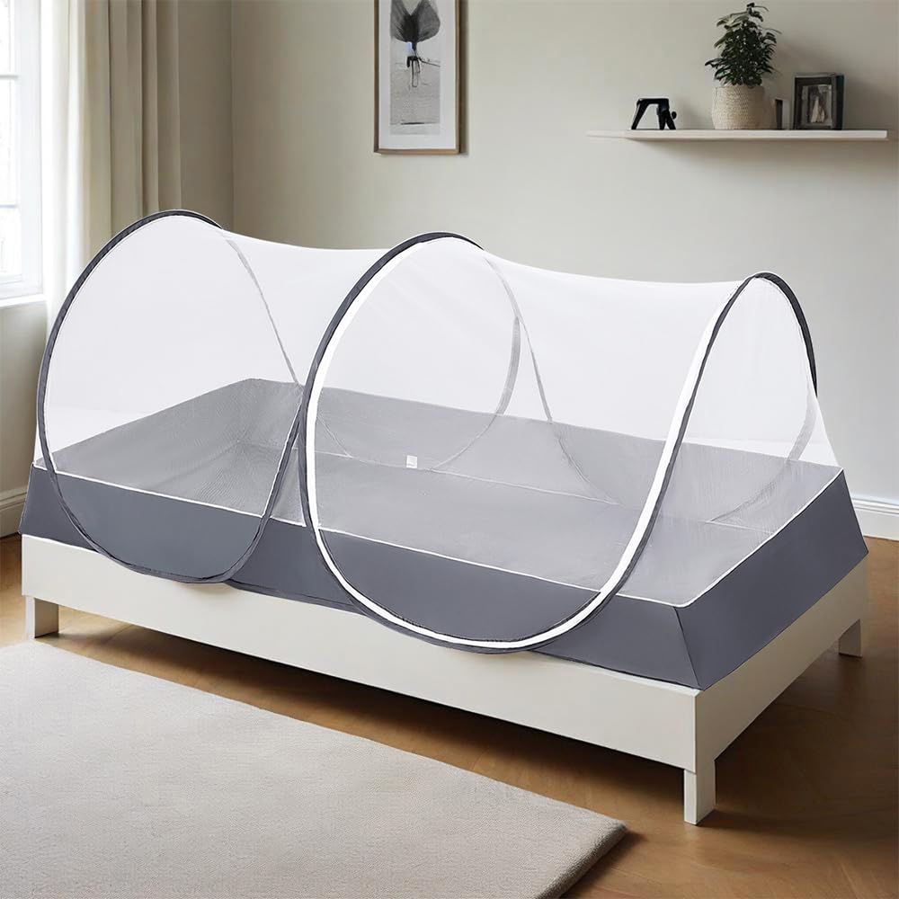 Zanzariera portatile pieghevole da viaggio, baldacchino per letto, installazione gratuita, adatta per viaggi all'aperto, campeggio (grigio)