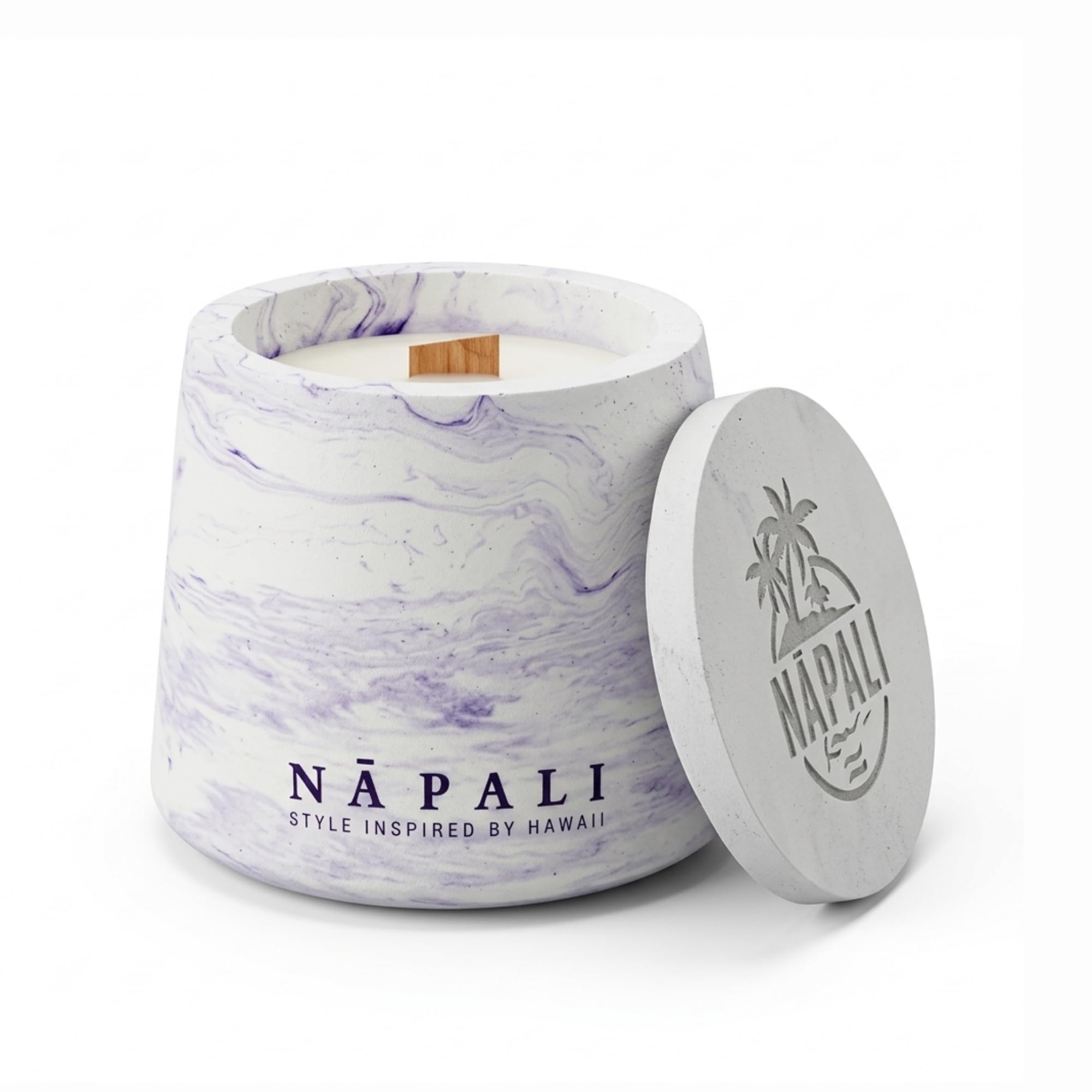 Na Pali Purple Marble Handcrafted Hawaiian Scented Candle With Crackling Wick | Whispering Woods | Lavender · Cedarwood · Lemon Verbena · Ylang Ylang