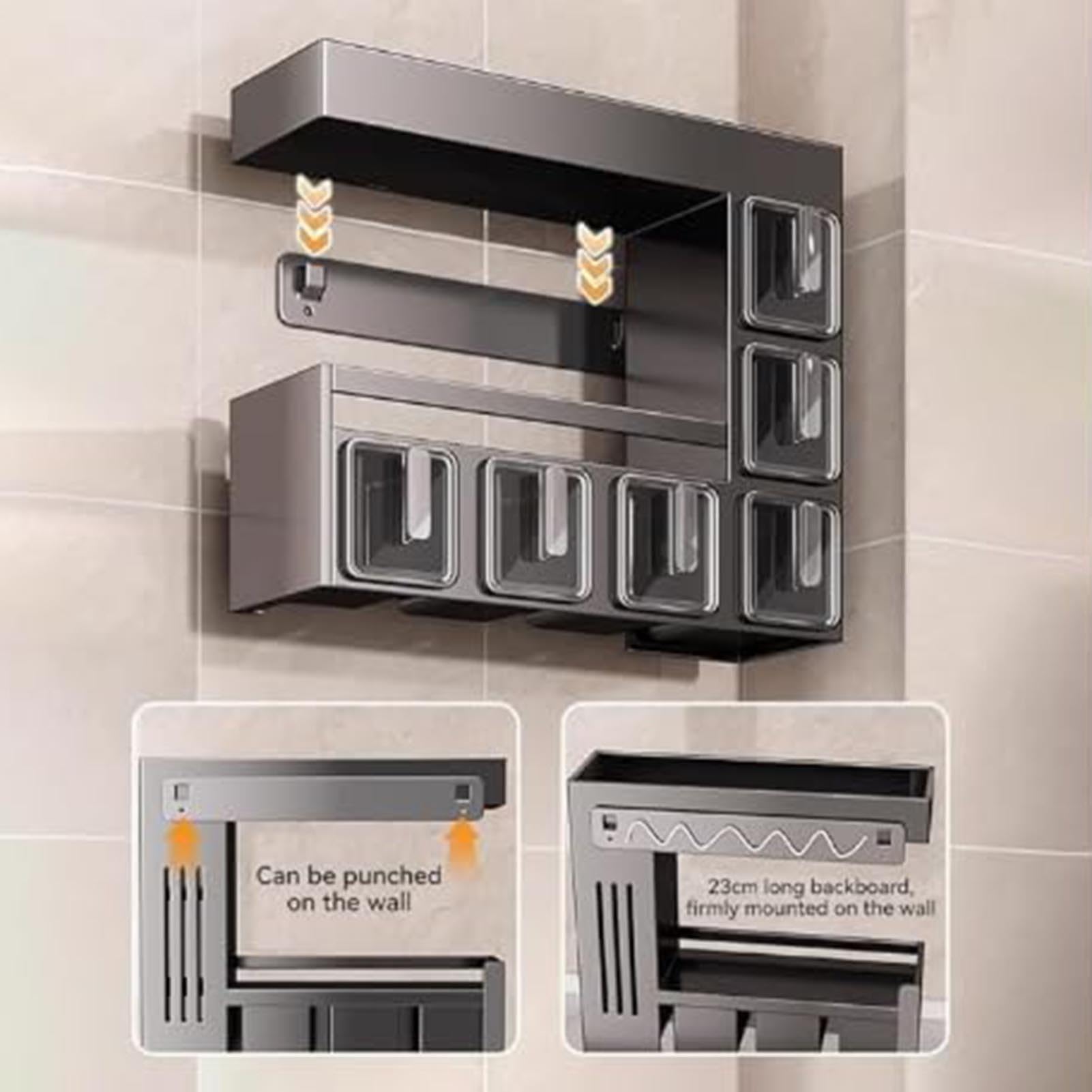 THEGA Estante para Especias De Pared con 6 Frascos Y Cucharas, Resistente A La Corrosión, Sin Necesidad De Taladrar, Estante De Almacenamiento De Cocina Multifuncional