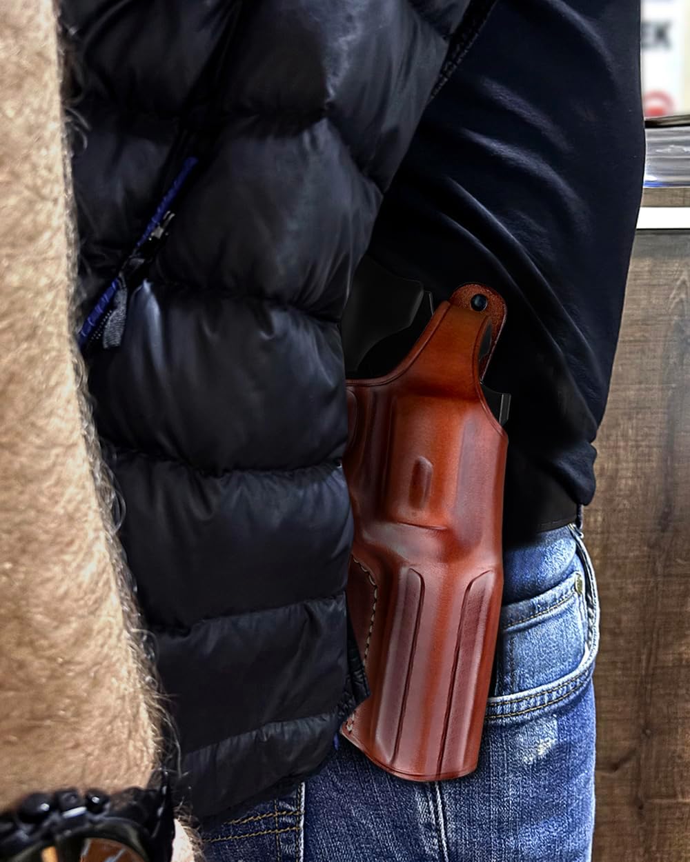 Masc Leather Paddle Holster for Revolver with Thumb Break Fits EAA Windicator 38 Special /357 Magnum 6-Shot 4" Barrel, R/H Draw, Brown Color #1521#