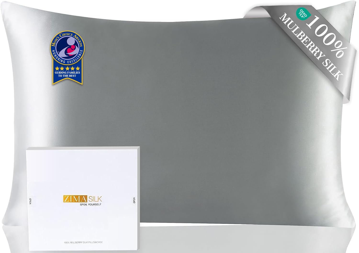 ZIMASILK Upgraded 100% 6A Grade Pure Mulberry Silk Pillowcase for Hair and Skin Silk Pillow Cases with Reinforced Hidden Zipper, More Soft & Durable, Gift Box (Standard 20"x26" Grey)