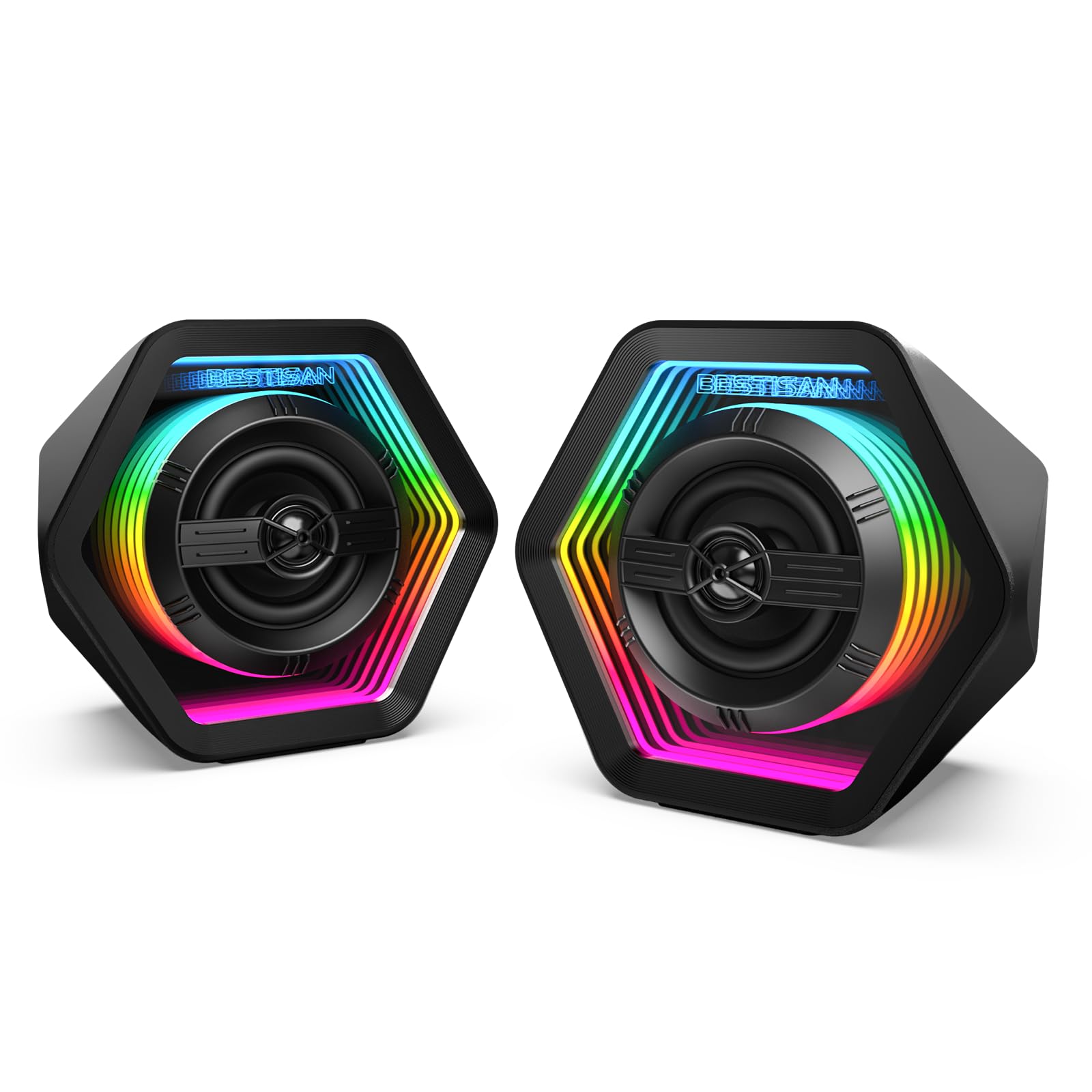 BESTISAN Computer Gaming Speakers with 8 RGB Modes, Compact Design, DC Powered Desktop Speaker with 3 EQ Modes, 50W Active Speakers with Bluetooth 5.3, AUX in, Headphone, Type-C Port for PC/Laptop/TV