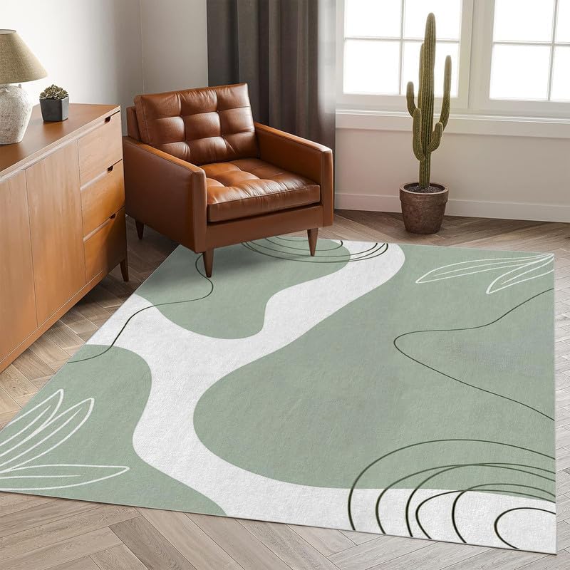 Alfombra de área de estilo nórdico de color verde de 6 x 9 pies, lavable para dormitorio, sala de estar, dormitorio, alfombra grande con estampado,