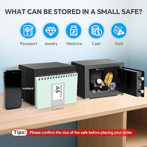 Miniatura 3 de Caja fuerte pequeña para el hogar, 6.7 pulgadas de profundidad x 9 pulgadas de ancho x 6.7 pulgadas de alto, caja de seguridad electrónica con