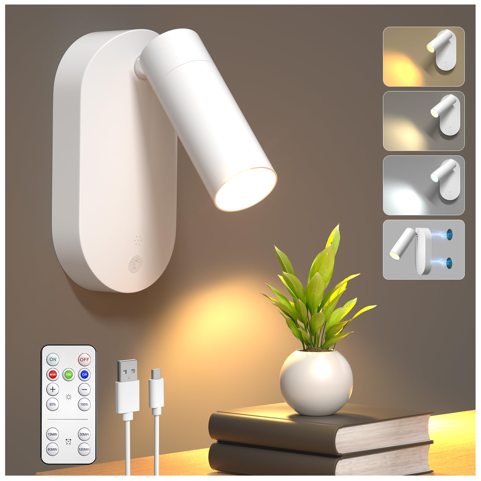 Lamptobe Wireless LED Battery Operated Wall Lights,360Β°Rotation Rechargeable Wall Light with Remote,Dimmable & Timer,3000K/4500K/6500K Magnetic Wall Lights for Living Room Corridor or Artwork