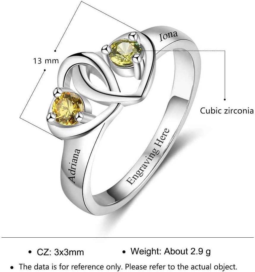 GLAMCARAT Sterling Silver Personalized Birthstone ring ties of the heart shaped promise customized engraved jewelry for women mothers ring with 2 birthstones