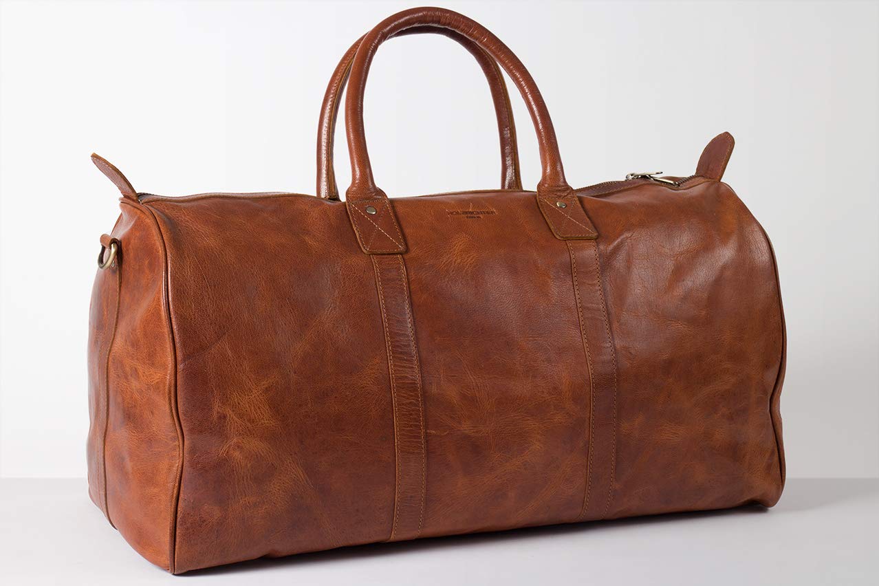 HOLZRICHTER Berlin - Weekender aus Leder für Herren (No 17-1), Reisetasche 30x60x28 cm, Handgefertigte Echtleder Umhängetasche mit Schultergurt, Cognac-Braun