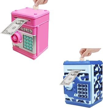 Piggy Bank Electronic Mini ATM for Kids Baby Toy, Safe Coin Banks Money Saving Box Password Code Lock for Children,Boys Girls Best Gift Pink+ Blue Camo