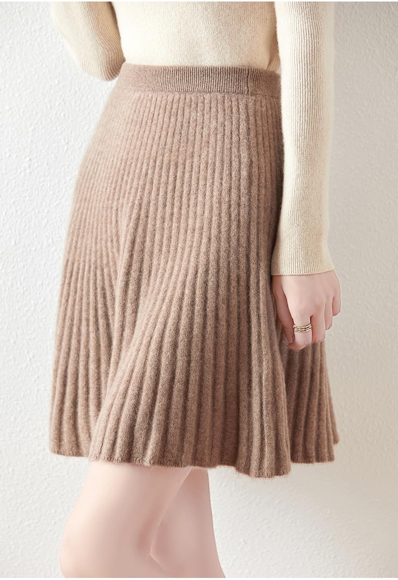 Minigonne in Maglia di Lana per Donna, Gonna Plissettata A Trapezio in Maglia A Coste con Elastico in Vita Color Cammello Autunno Inverno Sexy Ed Elegante Gonna Skater Preppy