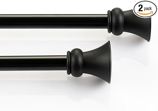 Deco Window 2 Pack Black Curtain Rods for Window 28 to 48 Inch 5/8 Inch Diameter Drapery Pole with Trumpet Finial Modern Adjustable Heavy Duty