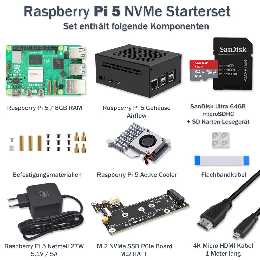Raspberry Pi 5 8 GB PCIe M.2 NVMe – Kit | Carcasa de metal | Active Cooler | M.2 NVMe SSD PCIe Board | Fuente de alimentación USB-C 27W | Tarjeta SD Ultra 64GB | Cable Micro HDMI 4K | Ideal para Home