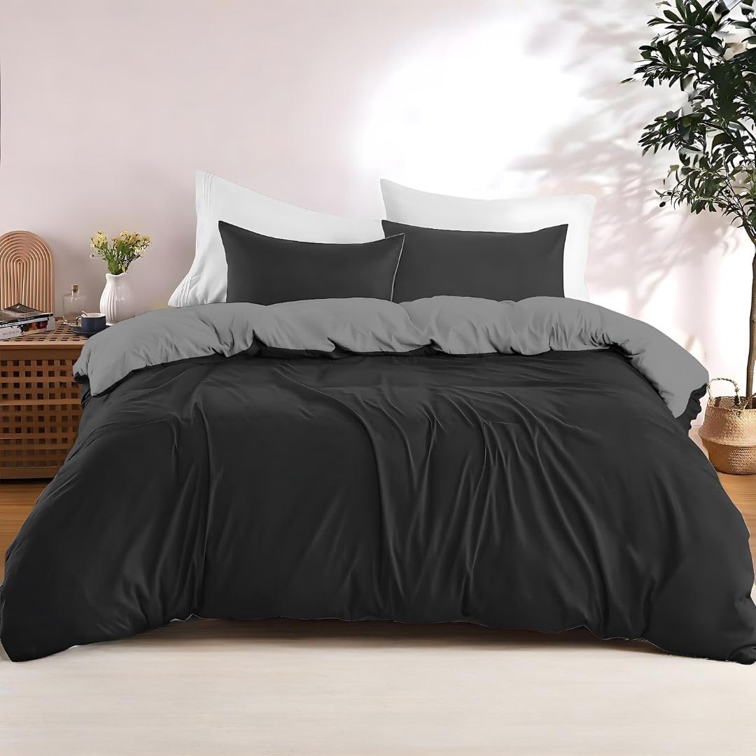 Dreamzie Copripiumino Matrimoniale 200x200 cm con 2 Federe 80x80 cm - Nero/Grigio Scuro Set Copripiumino Matrimoniale 200x200