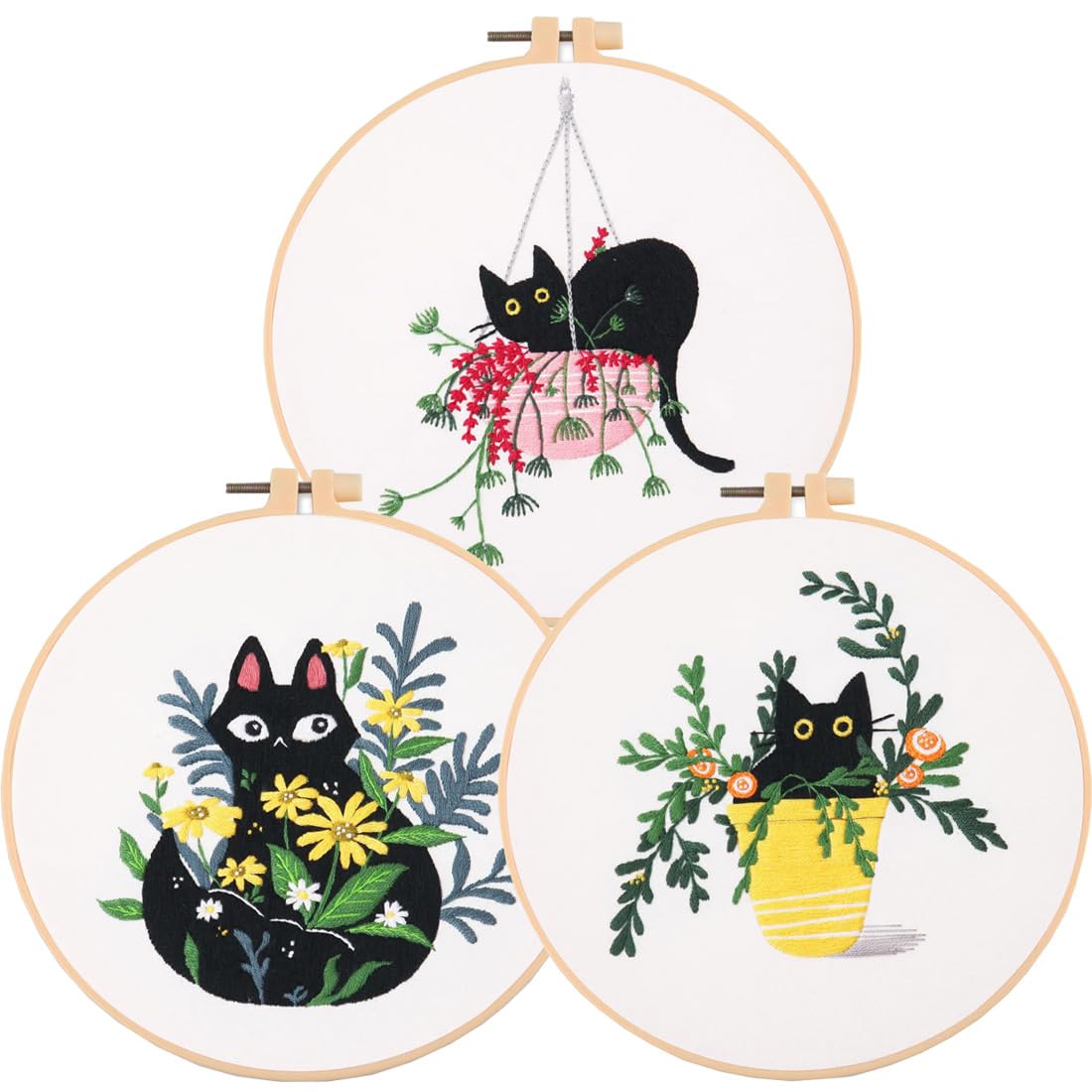 Chenflying 3 Sets Beginner Embroidery Kits, DIY Hand Embroidery Starter with Animal Pattern, Embroidery Starter Kit with Embroidery Hoop Threads Tools and Instructions (1+2+3)