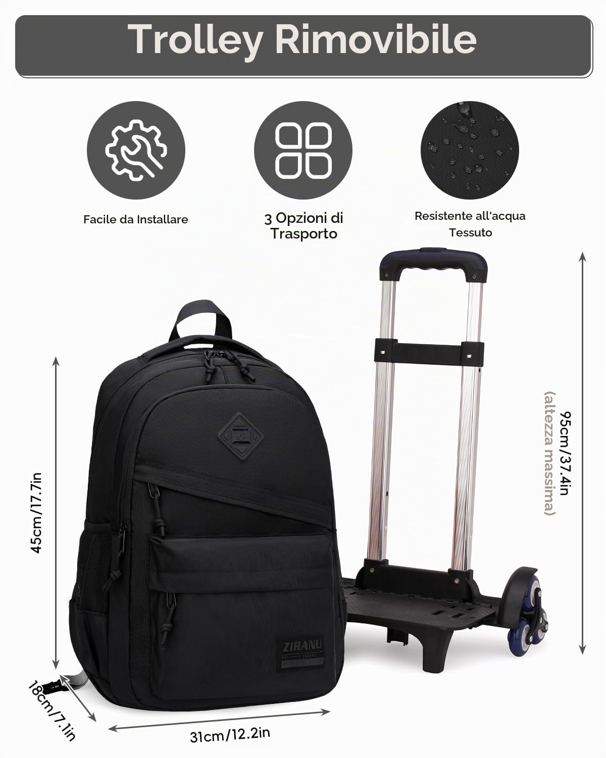 Tanou Zaino Trolley Scuola Elementare e Media, Zaini per Bambini Ragazzi con Carrello e Maniglia Telescopica, Zaino Scuola Trolley a 6 Ruote Staccabile, 25L
