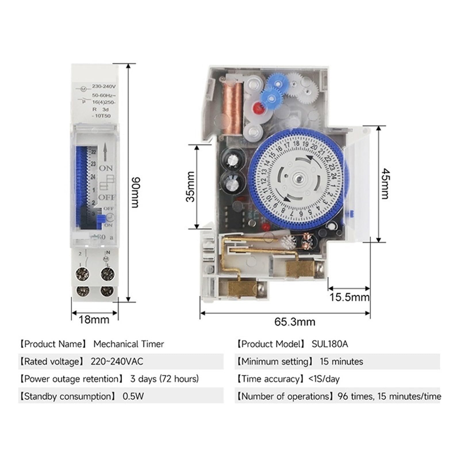 SUL180A, Carril DIN, 24 Horas, Interruptor de Temporizador mecánico, análogos de relé, Temporizador eléctrico programable, batería de 220V 16A