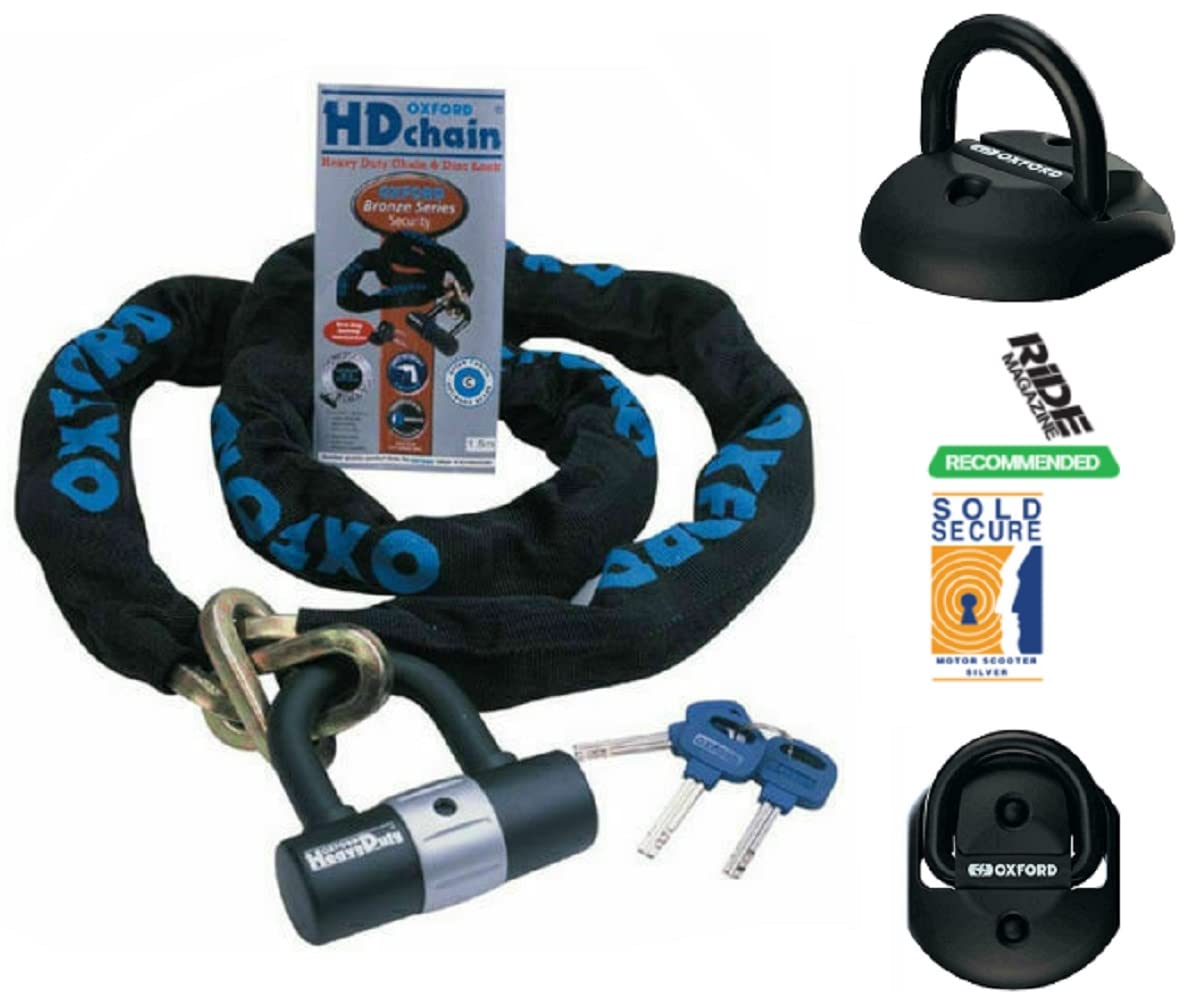 Oxford Security Motorcycle Security Motorbike Oxford HD Sold Secure 1.5m Chain Lock + Oxford Task Force Ground & Wall Anchor