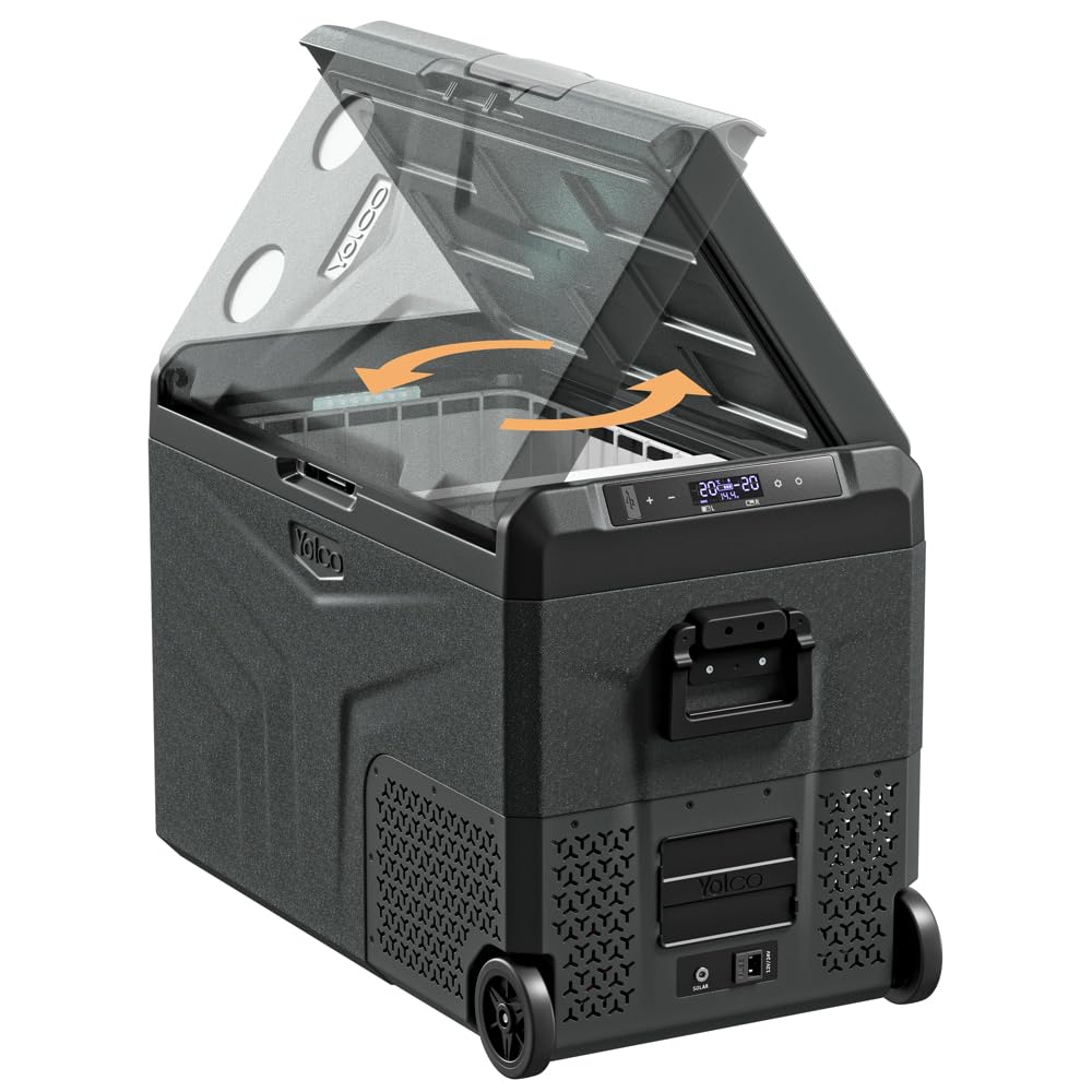 Yolco TCX50 Carbon kompresorowa lodówka podróżna 50 l + akumulator – Dual Zone, -20°C, 12/24 V i 230 V, aplikacja Bluetooth, lodówka i zamrażarka z rolkami, na kemping i w podróży