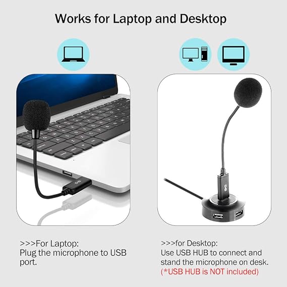 USB Microphone for Laptop & Desktop, Plug-n-Play, Built-in Sound Card
