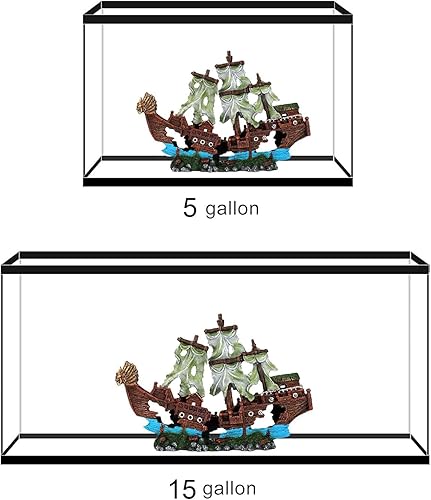 Miniatura 8 de Adorno de acuario de naufragio grande con vela (2 piezas) de 20 galones de alto y más grande, adornos de decoración de barco hundido, barco pirata,