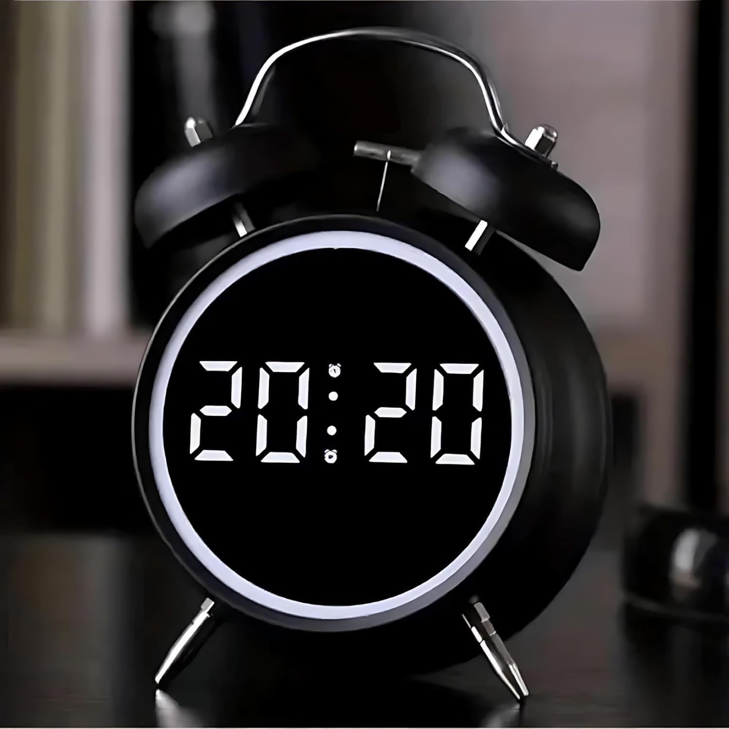 AERYS 4.5-Inch Digital Alarm Clock, Table Clock Double Bell LED Silent Metal Clock with Night Light, Loud Bedside Alarm for Heavy Sleepers, Home, Office, Bedroom, Living Room,Home Decor (Big Black)