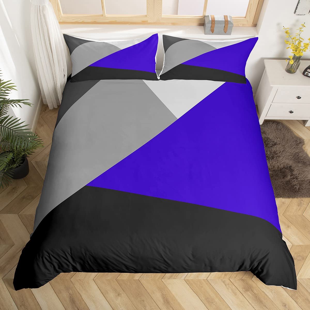 Homewish Navy Blue Black Gray King Size Duvet Cover Set with 2 Pillowcases - 100% Soft & Breathable Polyester, Zip Closure - Patchwork Geometric Bedding - Modern Simple Pattern with Black Reverse โ image 1
