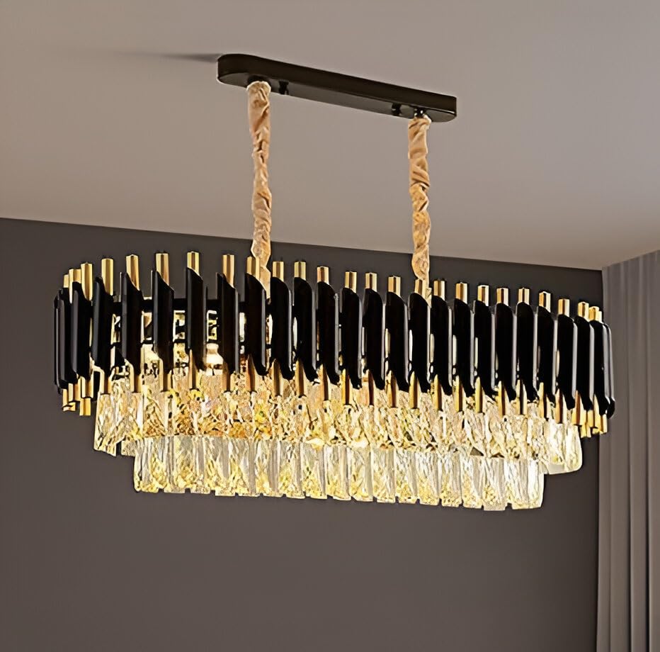 Image of DREAMY DESIGNS Chandelier Lights for Ceiling Black Gold 600 * 300 MM 3-Tier K9 Glass Crystal Chandeliers for Living Room Smart 3 Mode LED Light Plate Modern Jhumar Designer Bedroom and Dining Room