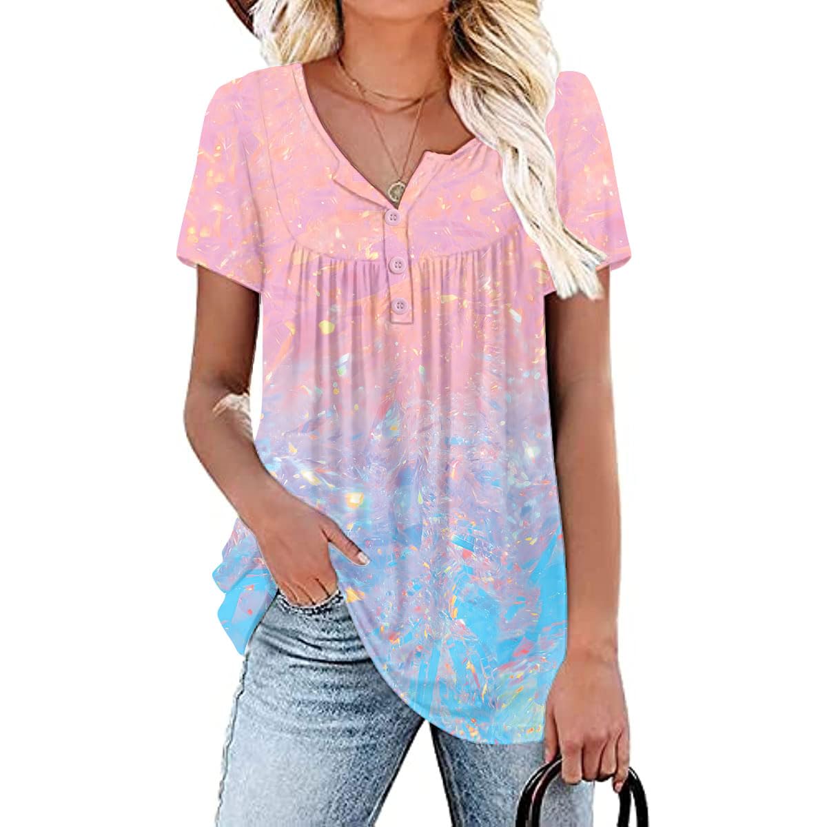Womens Summer Plus Size Tops Blouses Short Sleeve Shirts Lace Pleated Tunic Tops M-4XL